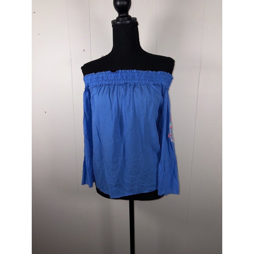 Lilly Pulitzer Moira‎ Smocked Off the Shoulder Bennet Blue Embroidered Top Xs